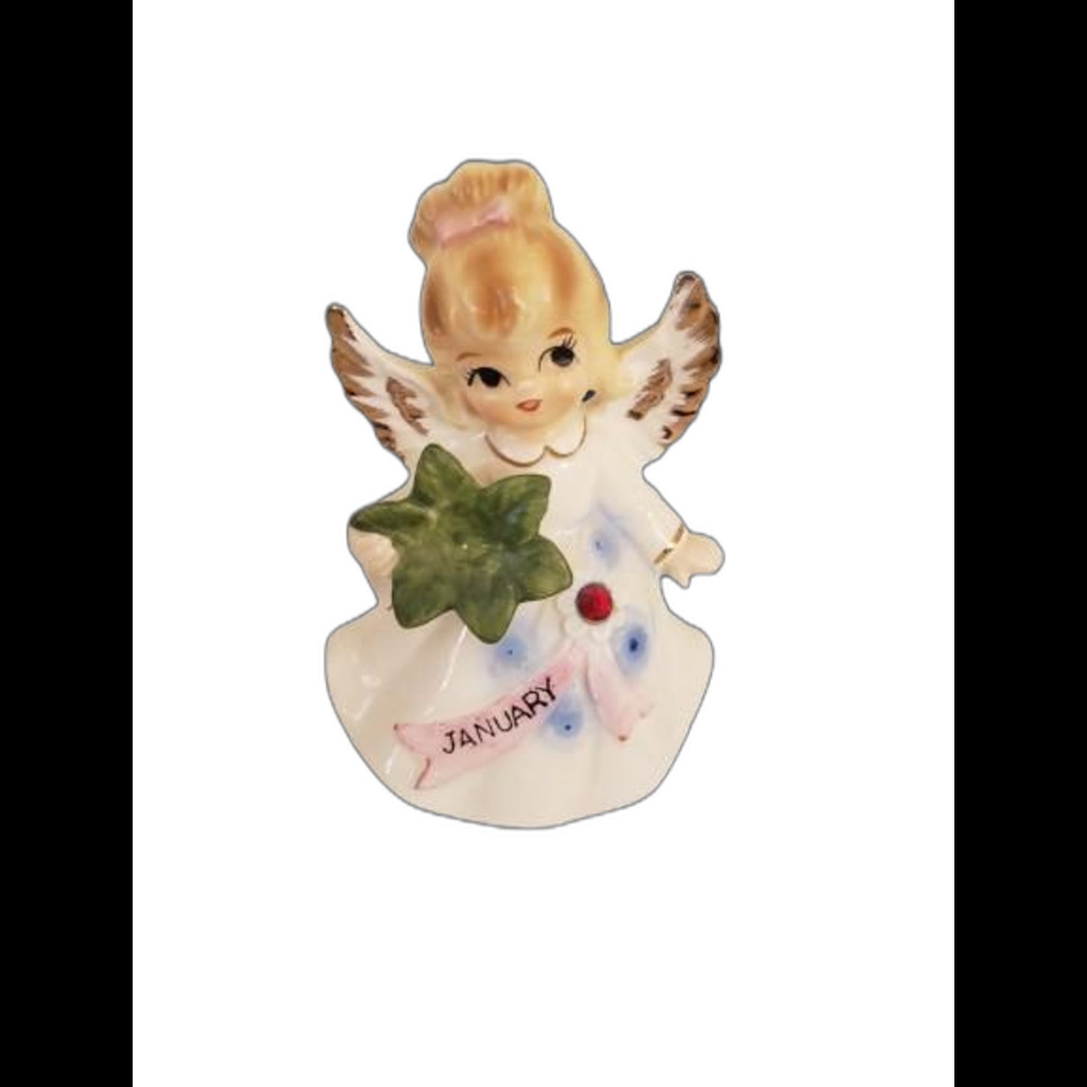 Lefton Birthday Girl January Vintage Figurine Angel 6224 Red Rhinestone Japan